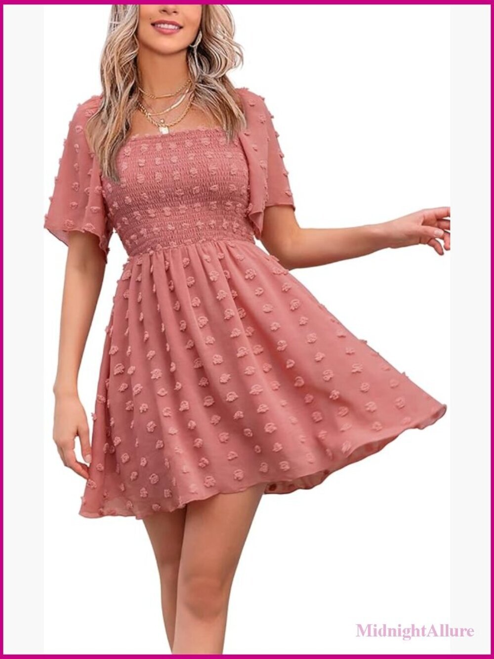 Women's Square Neck Flutter Sleeve Swiss Dot Mini Dress Smocked Flowy